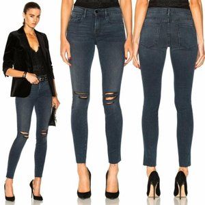 FRAME Denim Mid Rise Skinny Raw Hem Knee Tear Jean in Gifford Dark Wash